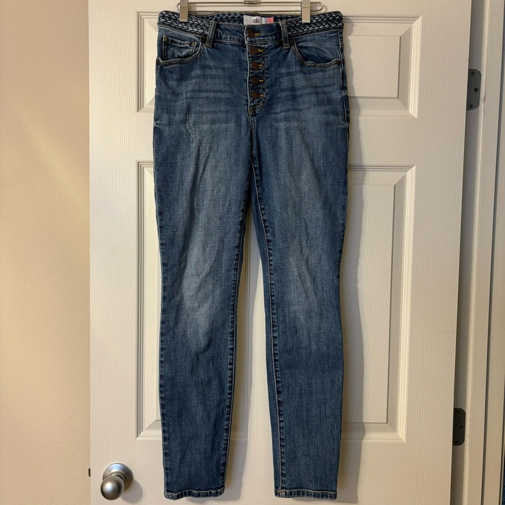 CAbi Button Fly Skinny Jeans with Faux Braided Belt, size 8